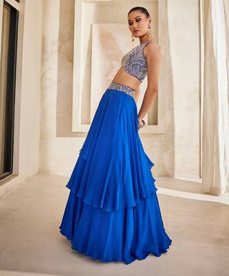 Cobalt Blue Embroidered Georgette Indo Western Lehenga Set 4