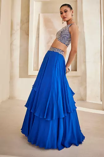 Cobalt Blue Embroidered Georgette Indo Western Lehenga Set