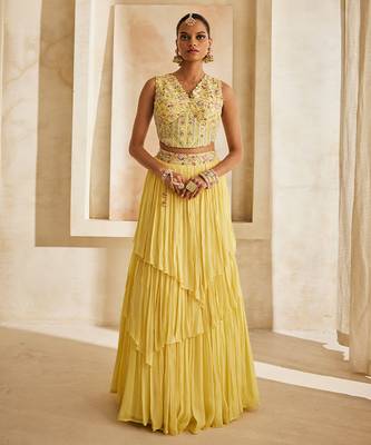 Butter Yellow Embroidered Raw Silk Indo Western Lehenga Set 1