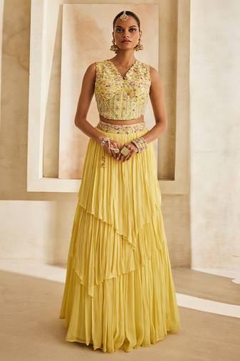 Butter Yellow Embroidered Raw Silk Indo Western Lehenga Set