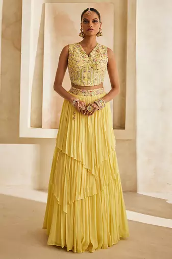 Butter Yellow Embroidered Raw Silk Indo Western Lehenga Set