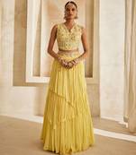 Butter Yellow Embroidered Raw Silk Indo Western Lehenga Set