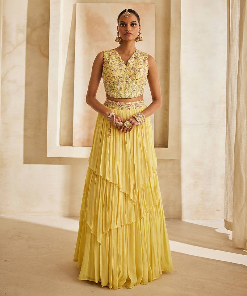 Butter Yellow Embroidered Raw Silk Indo Western Lehenga Set