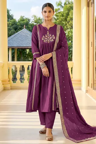Wine chinnon embroidered flared kurta set with jacquard chanderi dupatta