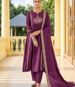 Wine chinnon embroidered flared kurta set with jacquard chanderi dupatta