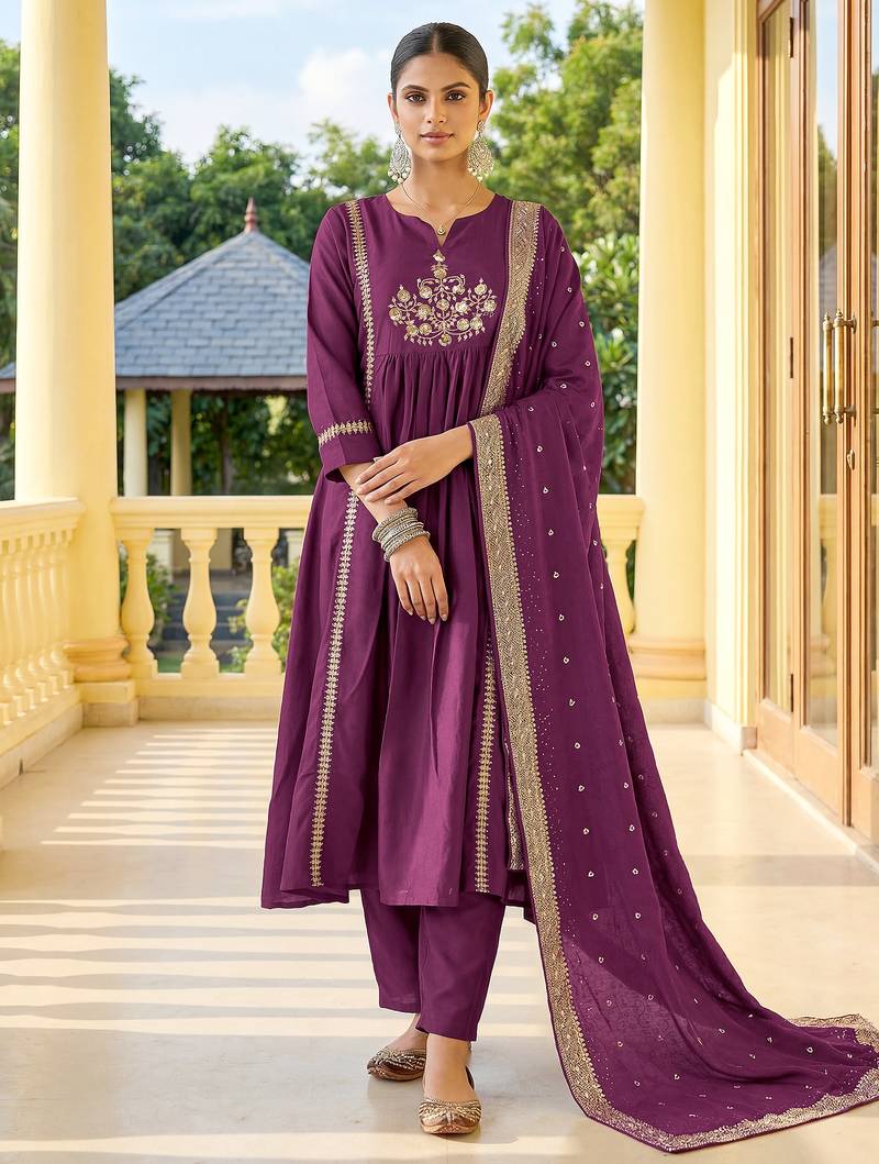 Wine chinnon embroidered flared kurta set with jacquard chanderi dupatta