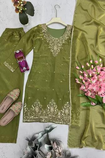 mehendi silk blend embroidered sequin kurta palazzo with dupatta