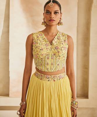 Butter Yellow Embroidered Raw Silk Indo Western Lehenga Set 2
