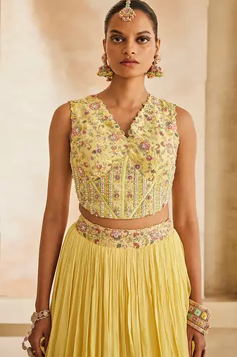 Butter Yellow Embroidered Raw Silk Indo Western Lehenga Set