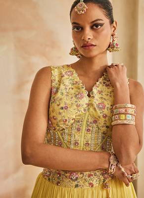 Butter Yellow Embroidered Raw Silk Indo Western Lehenga Set 3