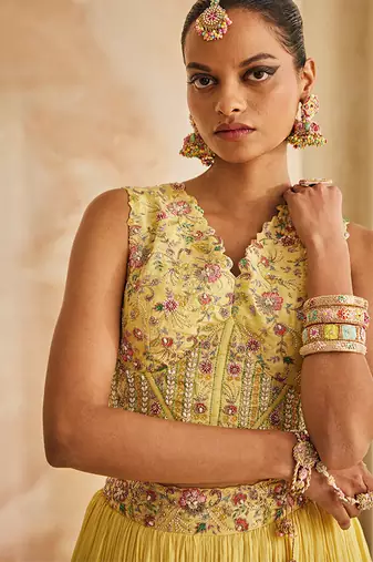 Butter Yellow Embroidered Raw Silk Indo Western Lehenga Set