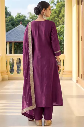 Wine chinnon embroidered flared kurta set with jacquard chanderi dupatta