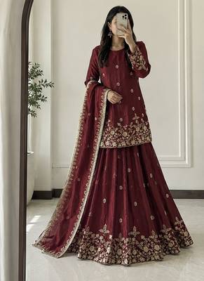 maroon silk blend embroidered sequin kurta and skirt set 1