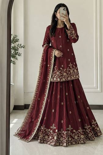 maroon silk blend embroidered sequin kurta and skirt set