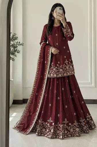 maroon silk blend embroidered sequin kurta and skirt set