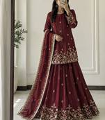 maroon silk blend embroidered sequin kurta and skirt set