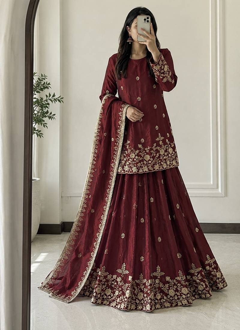 maroon silk blend embroidered sequin kurta and skirt set