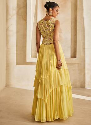 Butter Yellow Embroidered Raw Silk Indo Western Lehenga Set 4