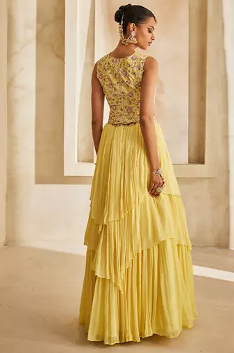 Butter Yellow Embroidered Raw Silk Indo Western Lehenga Set