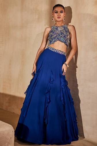 Navy Blue Embellished Raw Silk Indo Western Lehenga Set