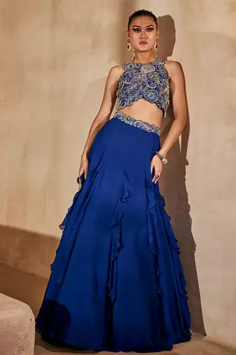 Navy Blue Embellished Raw Silk Indo Western Lehenga Set