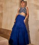 Navy Blue Embellished Raw Silk Indo Western Lehenga Set