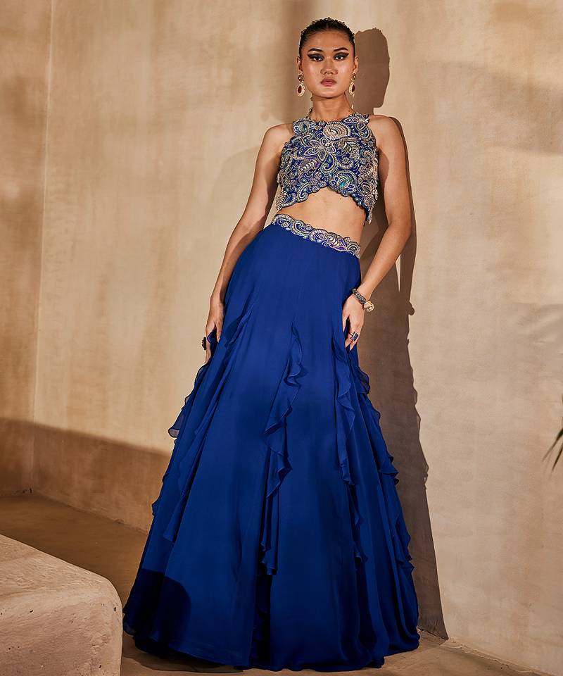 Navy Blue Embellished Raw Silk Indo Western Lehenga Set