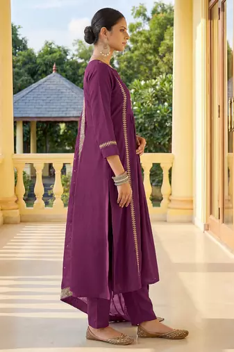 Wine chinnon embroidered flared kurta set with jacquard chanderi dupatta