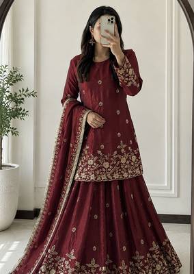 maroon silk blend embroidered sequin kurta and skirt set 2