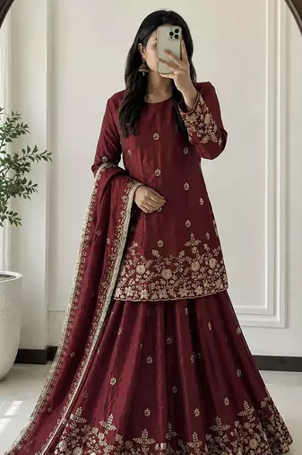 maroon silk blend embroidered sequin kurta and skirt set