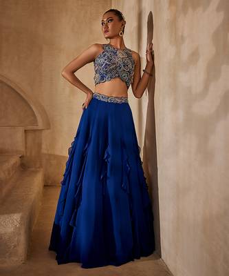Navy Blue Embellished Raw Silk Indo Western Lehenga Set 2