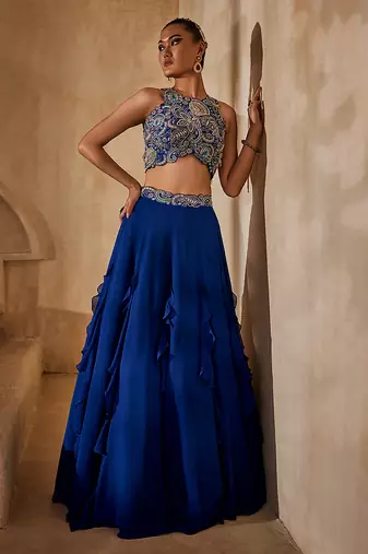 Navy Blue Embellished Raw Silk Indo Western Lehenga Set