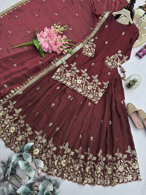 maroon silk blend embroidered sequin kurta and skirt set 3