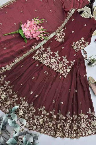 maroon silk blend embroidered sequin kurta and skirt set