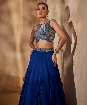 Navy Blue Embellished Raw Silk Indo Western Lehenga Set 3