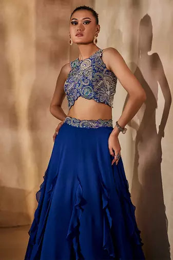 Navy Blue Embellished Raw Silk Indo Western Lehenga Set