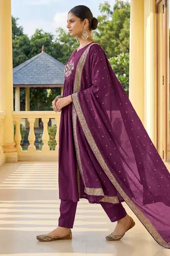 Wine chinnon embroidered flared kurta set with jacquard chanderi dupatta