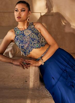 Navy Blue Embellished Raw Silk Indo Western Lehenga Set 4