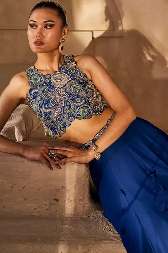 Navy Blue Embellished Raw Silk Indo Western Lehenga Set
