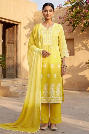 Yellow pure cotton schiffli ombre embroidered straight kurta set