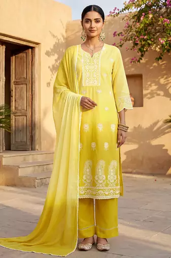 Yellow pure cotton schiffli ombre embroidered straight kurta set