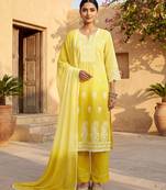 Yellow pure cotton schiffli ombre embroidered straight kurta set