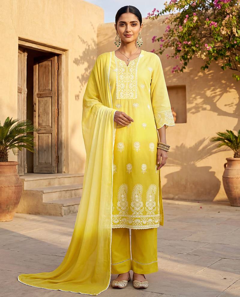 Yellow pure cotton schiffli ombre embroidered straight kurta set