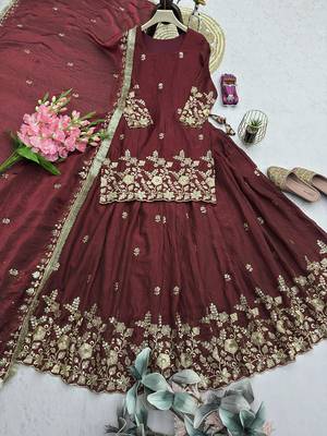 maroon silk blend embroidered sequin kurta and skirt set 4