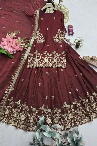 maroon silk blend embroidered sequin kurta and skirt set