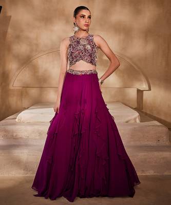 Wine Embellished Raw Silk Indo Western Lehenga Set 1