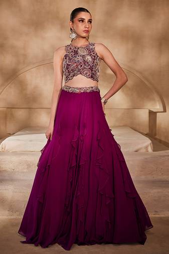 Wine Embellished Raw Silk Indo Western Lehenga Set