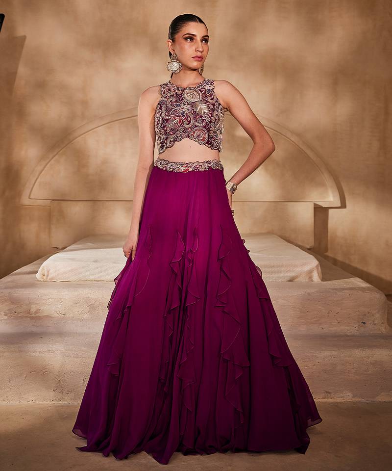 Wine Embellished Raw Silk Indo Western Lehenga Set