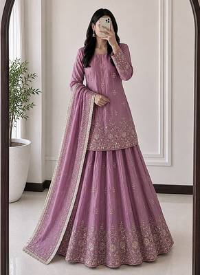 mauve silk blend embroidered sequin kurta and skirt set 1
