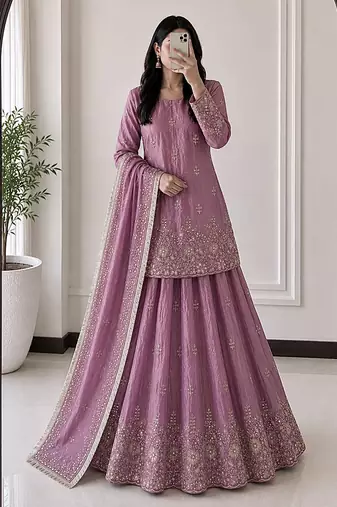 mauve silk blend embroidered sequin kurta and skirt set
